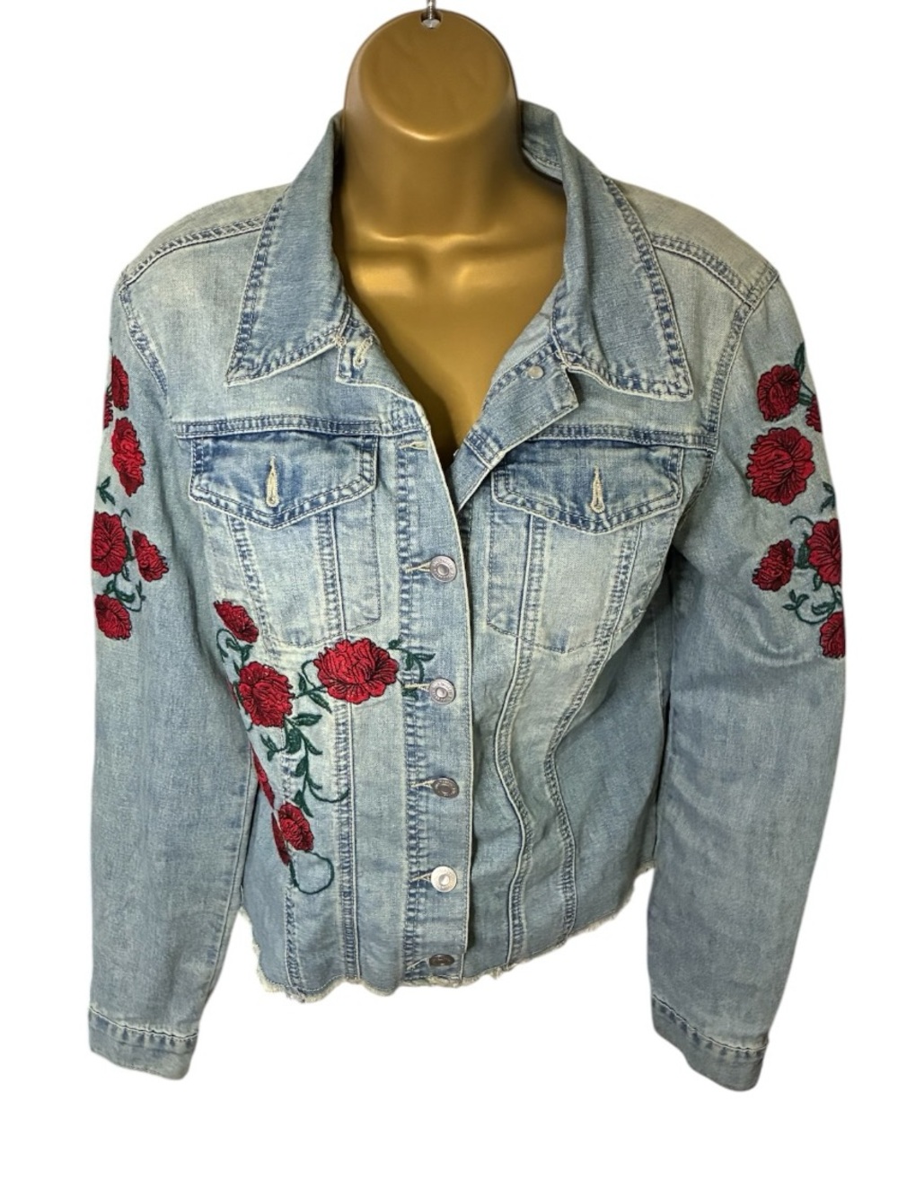 90s Y2K Blue Desire Embroidered Floral Denim Jacket Light Wash Cropped S Juniors
